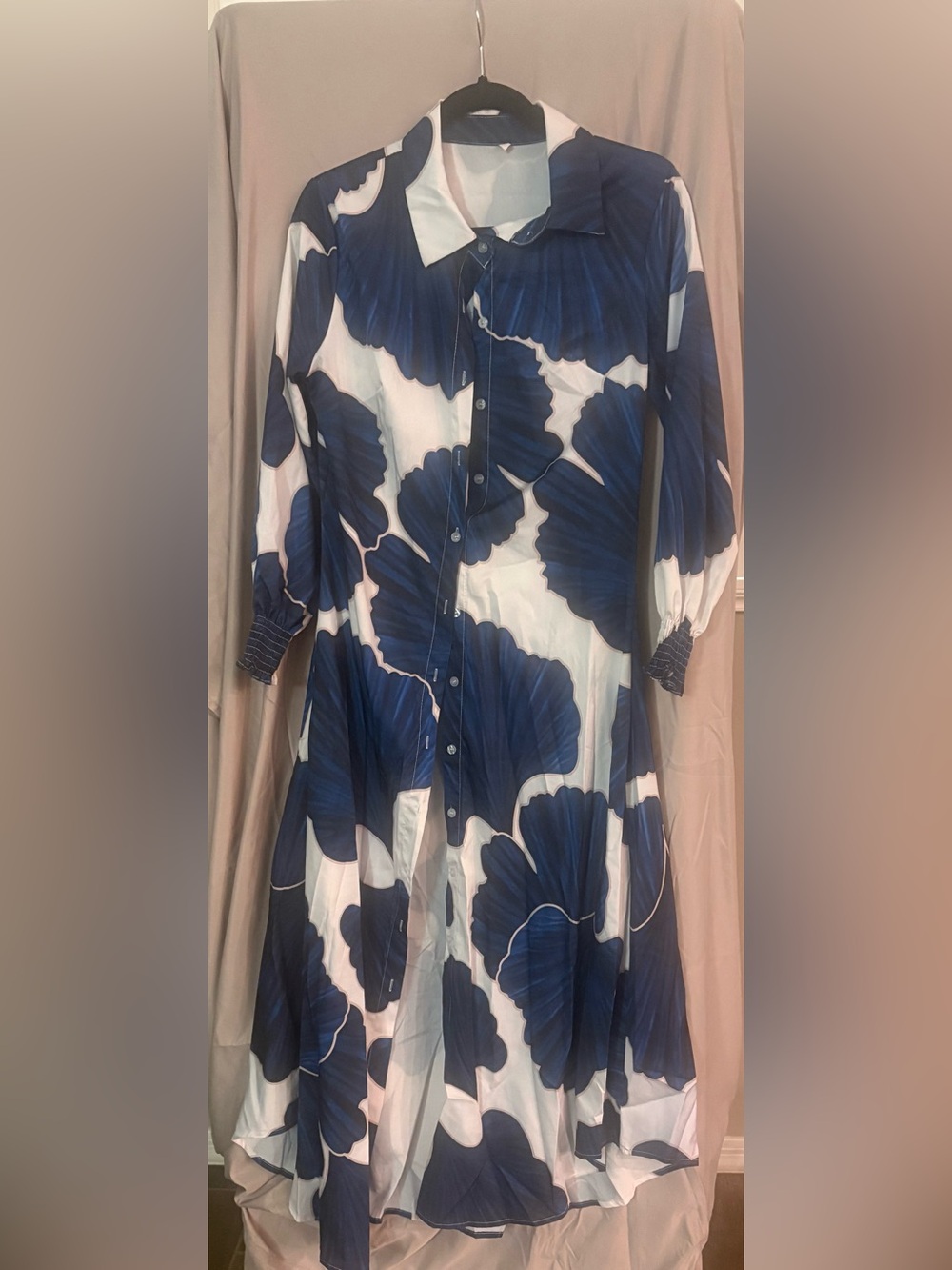 SHEIN Navy and White Floral Button-Front Long Sleeve Dress
